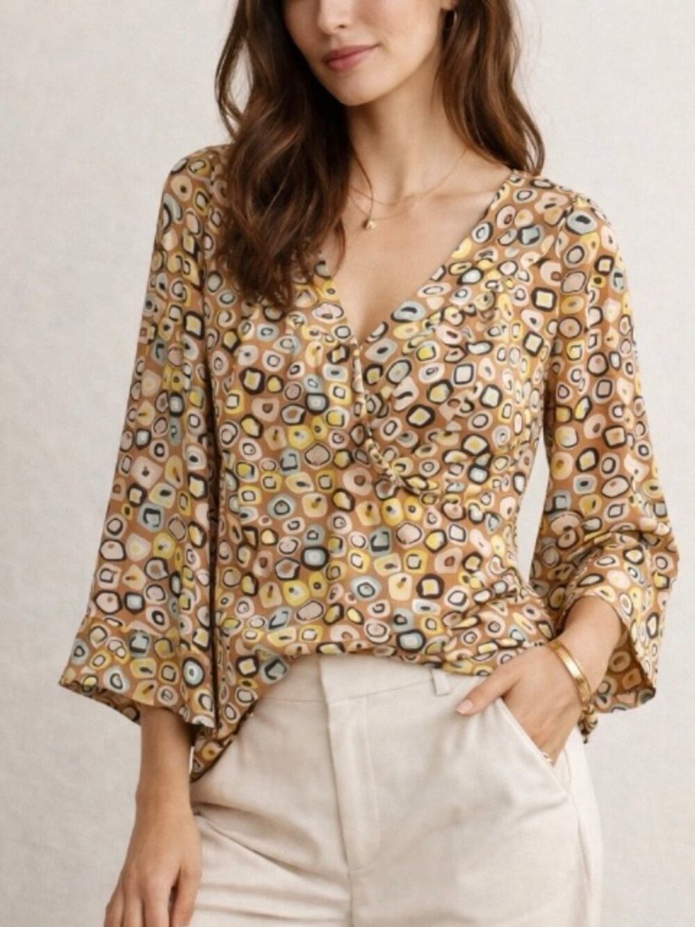 DvF Retro Geometric Block Print V-Neck Tunic Blouse
